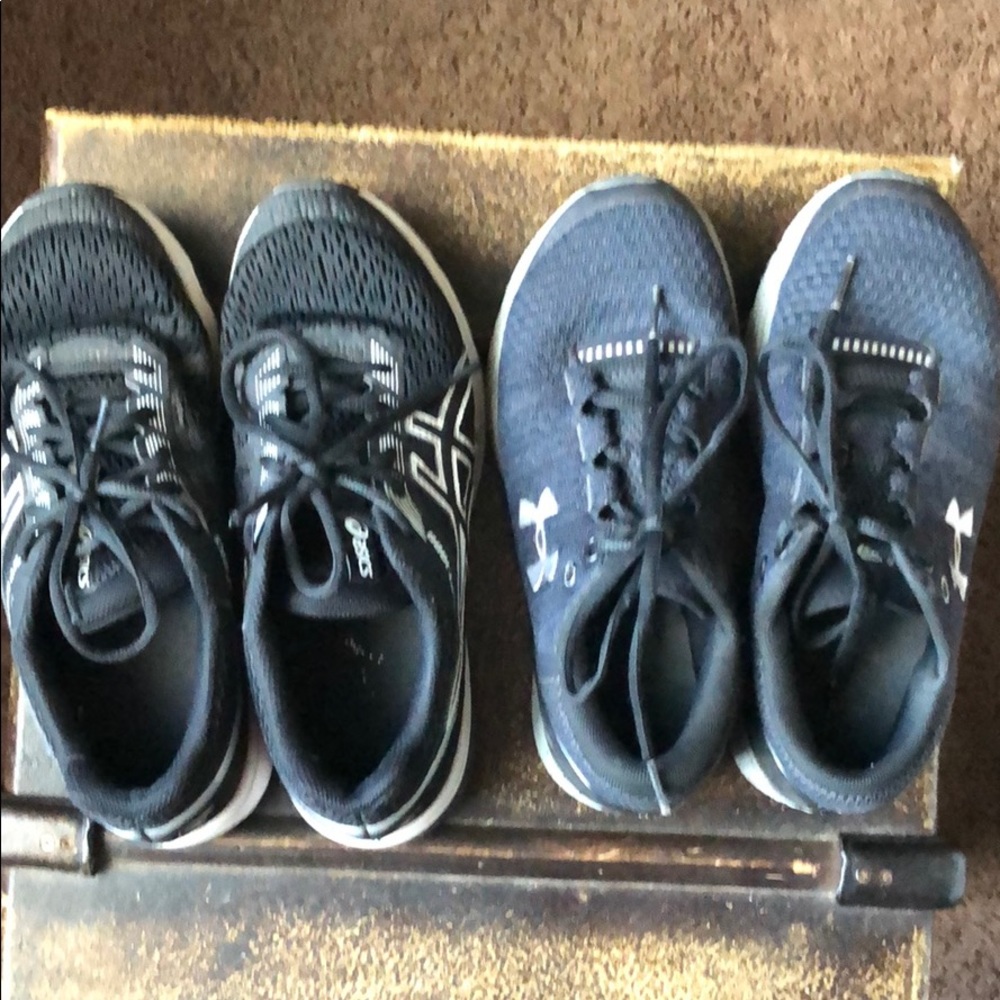 2 pairs of boys sneakers. ASICS and UnderArmour.